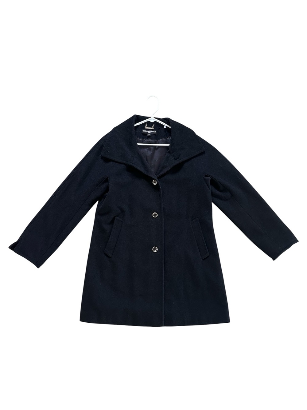 Karl Lagerfeld Paris Black Wool Coat Women’s Large Classic Peacoat